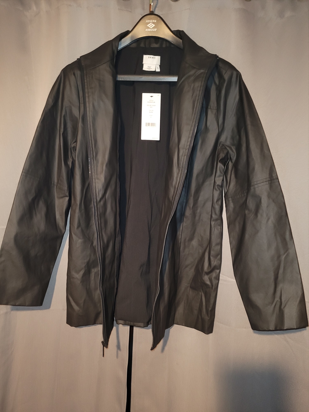 DKNY Black Hooded Leather Zip Jacket